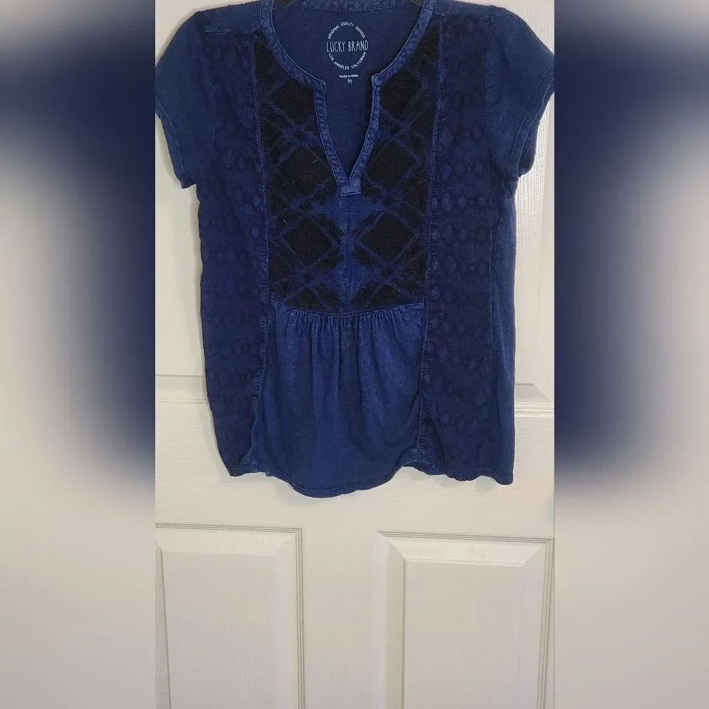 Lucky Brand M Blue Bkack Notch V-Neck 100% Cotton Peasant Women's Top Blouse
